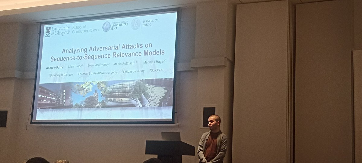 JavierSanzCruza's tweet photo. Now listening to @MrParryParry presenting his work with @macavaney, @maik_froebe, @martinpotthast and @matthias_hagen on adversarial attacks at #ECIR2024 https://t.co/7dcLHtAHqt