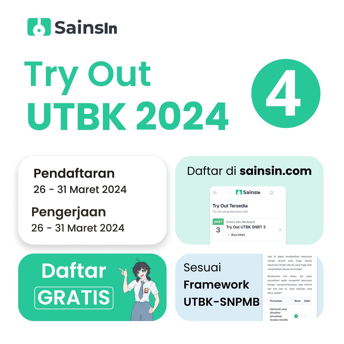 📢PENDAFTARAN TRY OUT UTBK SNBT 2024 4 DIBUKA GRATIS!🚀🚀 Bagi yang belum diterima pada SNBP 2024 tetap semangat ya! Yuk langsung fokus mempersiapkan diri untuk UTBK - SNBT 2024 bareng SainsIn Try Out SainsIn kali ini tentunya udah disesuaikan berdasarkan framework terbaru yang