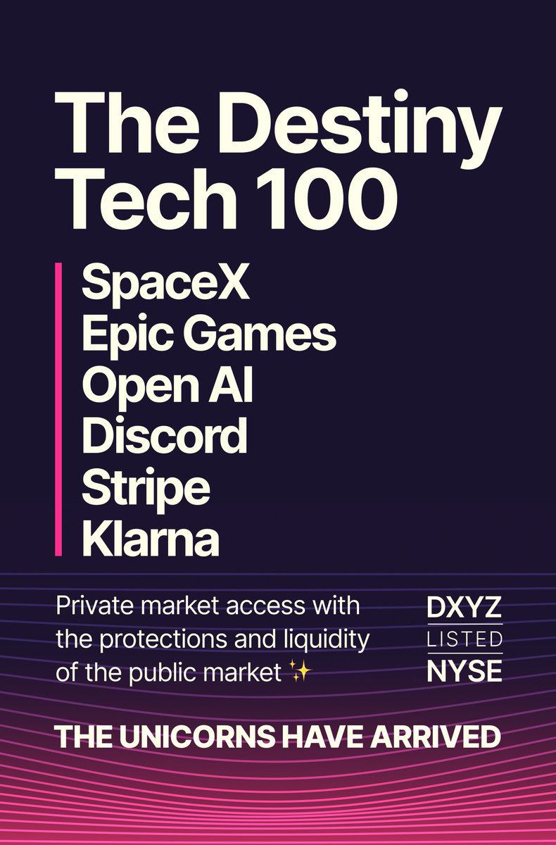 When the market opens at 9:30am ET today, March 26, 2024, the Destiny Tech100 will officially list on the New York Stock Exchange under the ticker symbol “DXYZ”.

$DXYZ #DXYZ <a href="/owndxyz/">D/XYZ</a> 

(about tech100: d.xyz/tech100 | disclosure: d.xyz/terms)