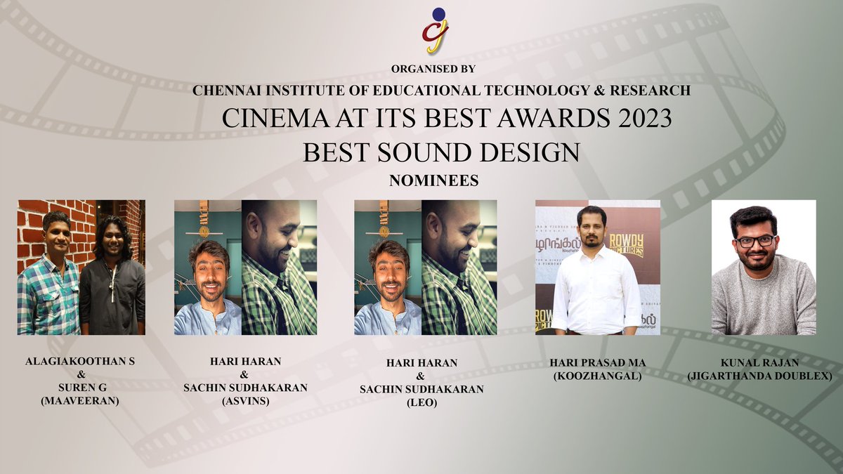 Cinema at its Best (@cinemaatitsbest) on Twitter photo #CAIBAWARDS2023
#BESTSOUNDDESIGN NOMINEES
<a href="/alagiakoothan/">alagiakoothan s</a> <a href="/valentino_suren/">Suren</a> #Maaveeran
HARIHARAN SACHIN SUDHAKARAN <a href="/Synccinema/">Sync Cinema</a> #Asvins & #Leo
<a href="/Hari_pebbles/">hari prasad</a> #Koozhangal
<a href="/kunal_rajan/">Kunal Rajan</a> #JigarthandaDoublex
<a href="/ShanthiTalkies/">Shanthi Talkies</a>
<a href="/7screenstudio/">Seven Screen Studio</a>
<a href="/_Rowdypictures/">Rowdy Pictures</a>
<a href="/stonebenchers/">Stone Bench</a> #CAIBAWARDS2023
#BESTSOUNDDESIGN NOMINEES
<a href="/alagiakoothan/">alagiakoothan s</a> <a href="/valentino_suren/">Suren</a> #Maaveeran
HARIHARAN SACHIN SUDHAKARAN <a href="/Synccinema/">Sync Cinema</a> #Asvins & #Leo
<a href="/Hari_pebbles/">hari prasad</a> #Koozhangal
<a href="/kunal_rajan/">Kunal Rajan</a> #JigarthandaDoublex
<a href="/ShanthiTalkies/">Shanthi Talkies</a>
<a href="/7screenstudio/">Seven Screen Studio</a>
<a href="/_Rowdypictures/">Rowdy Pictures</a>
<a href="/stonebenchers/">Stone Bench</a>