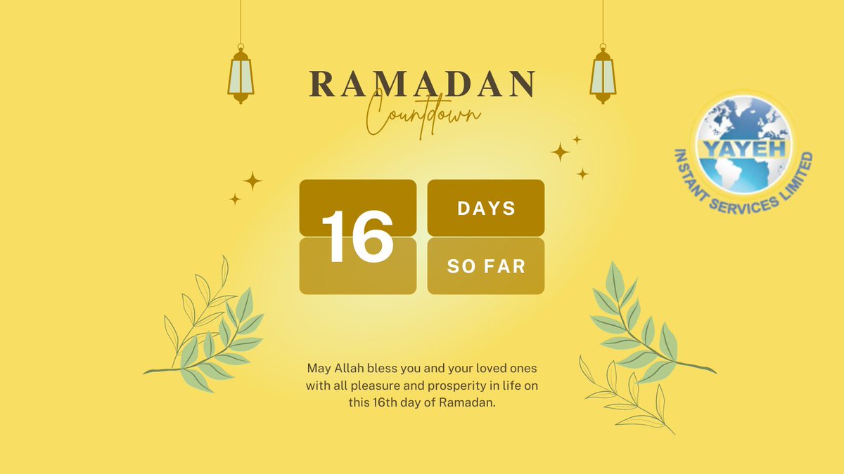 ✨ Ramadan Day 16 ✨🌙

Wishing you peace, blessings, and prosperity on this 16th day of Ramadan.May this day bring you closer to your spiritual goals and deepen your connection with the divine. Ramadan Mubarak! 🌙✨ #Ramadan #Day16 #YayehMoneyTransferServices