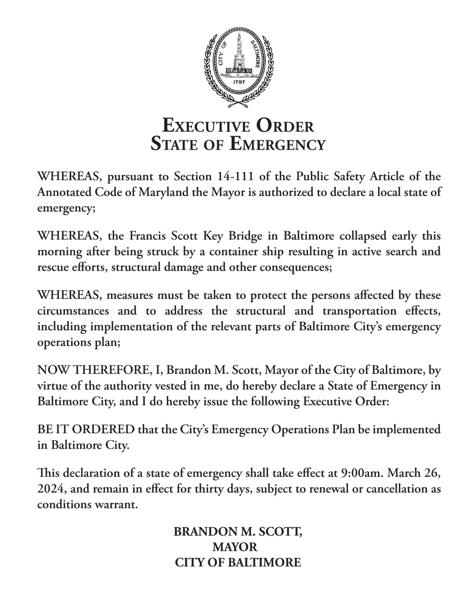 Baltimore, I am officially declaring a local state of emergency in response to the collapse of our Key Bridge. Our teams are mobilizing resources and working swiftly to address this crisis and ensure the safety and well-being of our community.