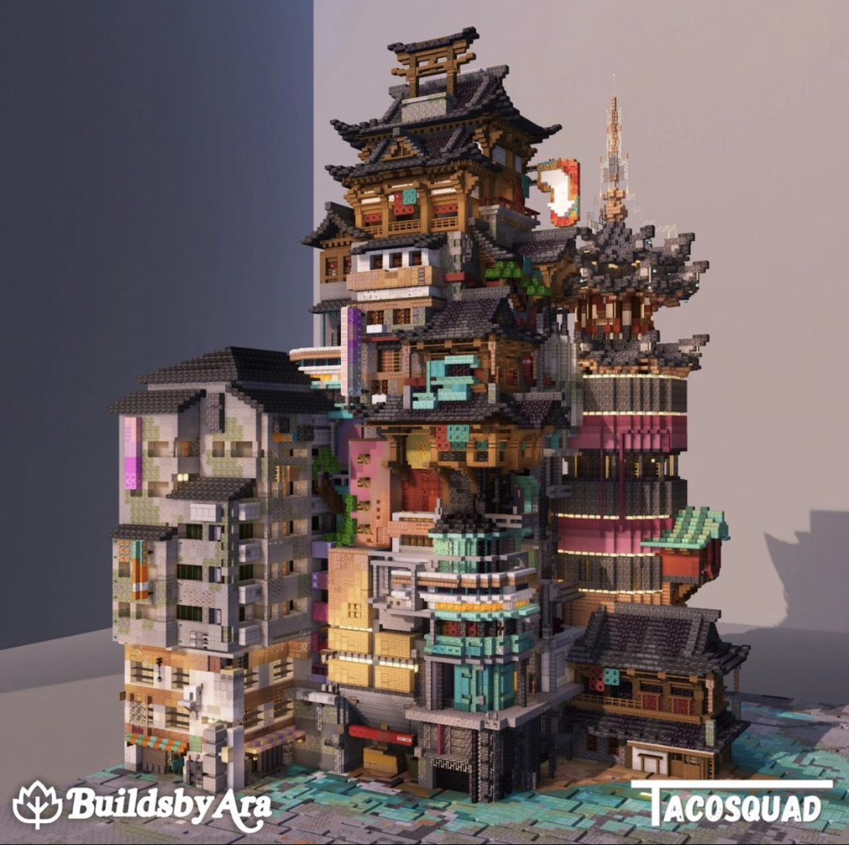 Japanese cyberpunk city Built by @TacoSquad11 and @BuildsbyAra #Minecraft #minecraft建築コミュ #MinecraftServer #minecraftbuilds