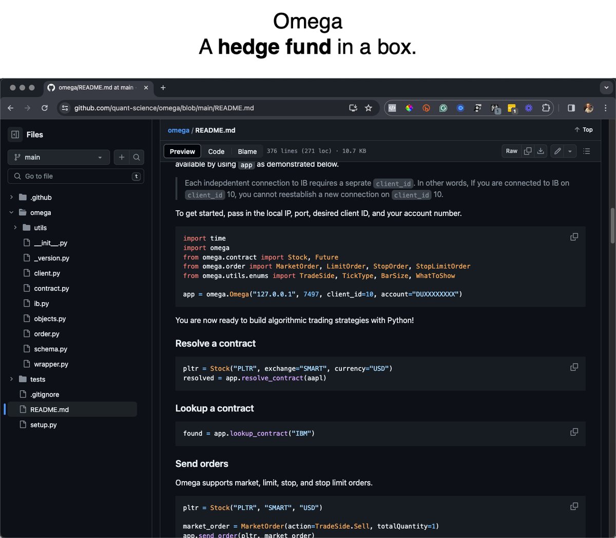 mdancho84's tweet photo. Trading is an unfair game. We have machine learning and algorithms. But Hedge funds and the Wall Street elite have an edge: 

Better tools, 
more information, 
automated execution. 

That ends tomorrow. 🧵

Tomorrow, Jason Strimpel and I will reveal Omega during our live algorithmic training and course launch event. Here's a taste of Jason's proprietary Omega Hedge fund in a box demo:

1. Omega is a hedge fund in a box.

Omega solves the toughest problem "the last mile". In data science, this is the equivalent of the ML Ops part. Omega is how you take your algorithmic trading strategy into production.

2. Omega makes execution easy.

Need to execute 100 orders? No problem.

Need to log trades in your trade log SQL database? No problem.

Need to watch your live portfolio and manage risk? No problem.

3. Omega is designed for data scientists and coders.

It's built in Python. And if you're a data scientist who wants to trade with algorithms, then you're going to feel right at home with Omega.

If you want to see Jason and I share what we've been working on for 12 months (and see the app that Jason poured 1000+ hours of development into)...

👉 Then register here (seats are limited): https://t.co/q8XAqpjX9O