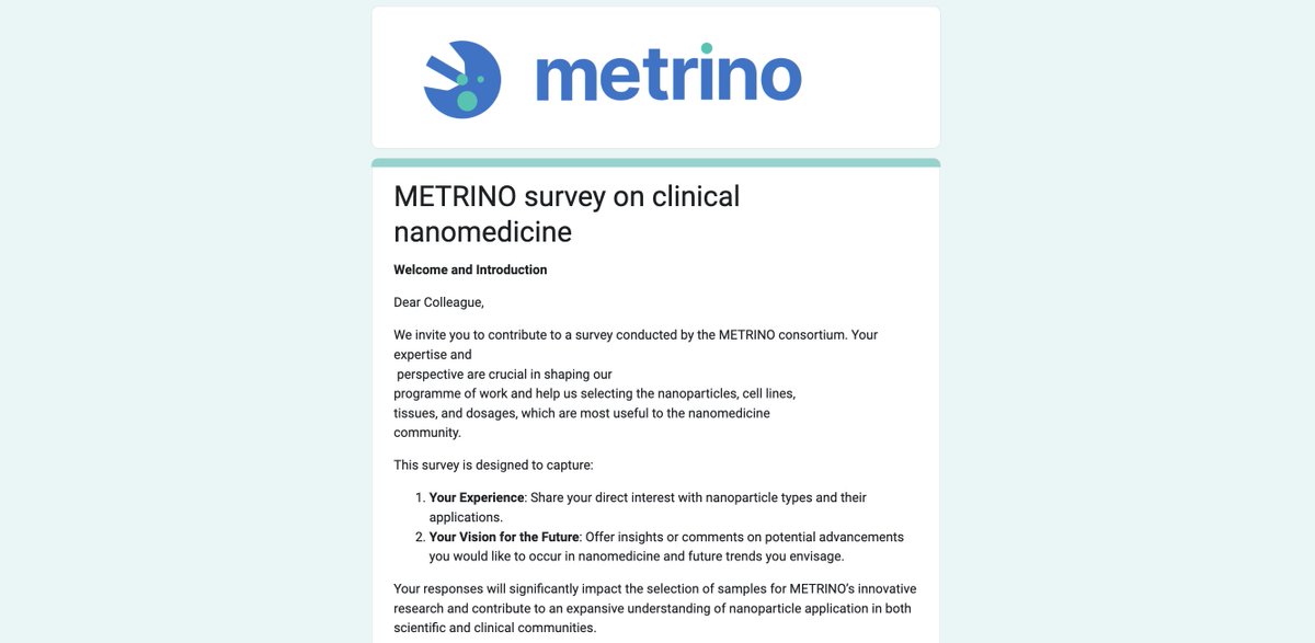 🚀 #Nanomedicine experts, please take 5 minutes to fill out the METRINO survey and drive innovation in clinical nanomedicine. Your expertise is invaluable and shape the future of our field! 📊 forms.gle/u5CVDeStXg95Qk… #Characterization #ReferenceMaterials #SOP #Nanomaterials