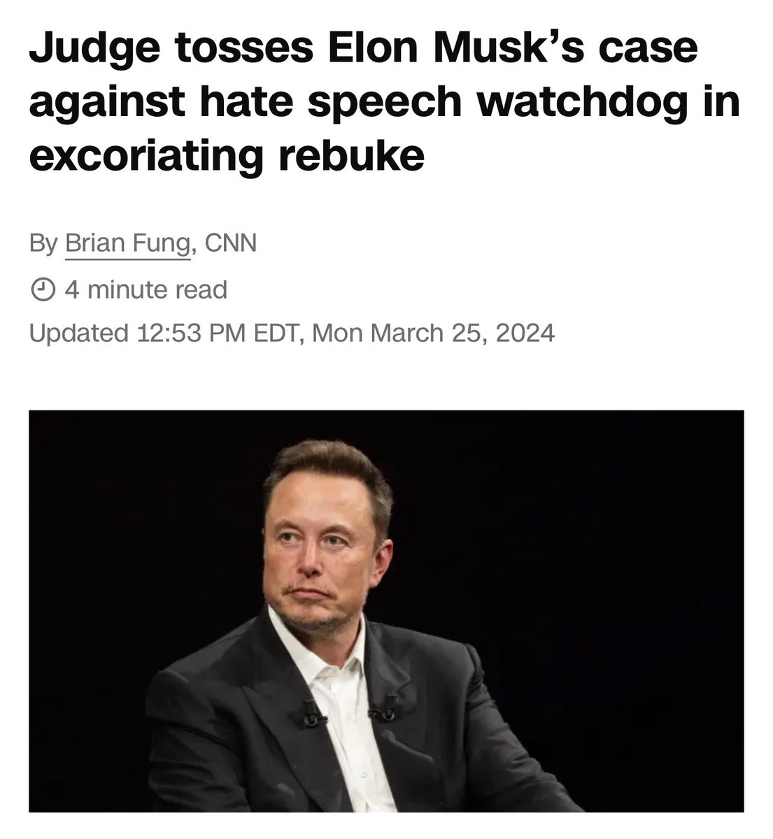 judge threw out musk’s case against center for countering digital hate (who documented rise in hate speech on x) his suit, 'is so unabashedly & vociferously about one thing that there can be no mistaking that purpose…this case is about punishing the defendants for their speech”