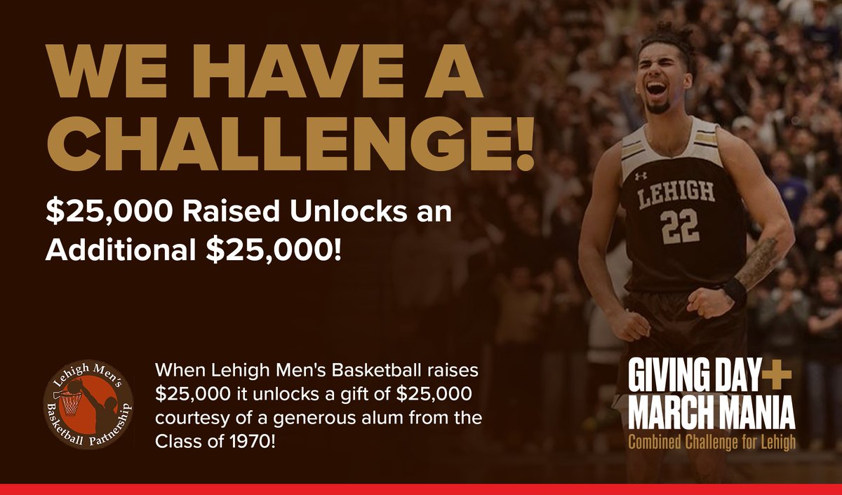 Giving Day + March Mania is here! We need your help to unlock a $25,000 matching gift from a generous alum from the Class of 1970! Your contiuned support directly impacts the student-athlete experience. @LehighAlumni givecampus.com/schools/Lehigh… #SupportLehigh