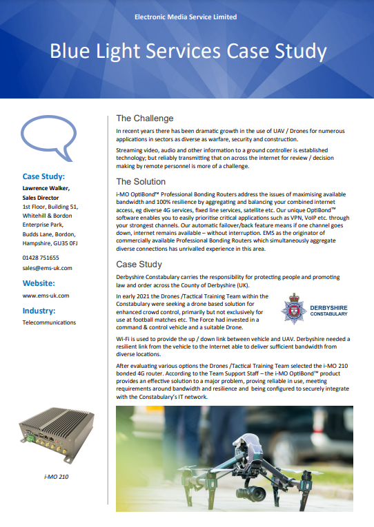 ems_connections's tweet photo. Derbyshire Police use OptiBond to stream drone footage: Case Study

Are you ready to revolutionise your drone streaming capability with i-MO OptiBond?

Read more https://t.co/ZxJhH7T6cf

#video #streaming #4G #5G #drones https://t.co/oJgG4HfbLj