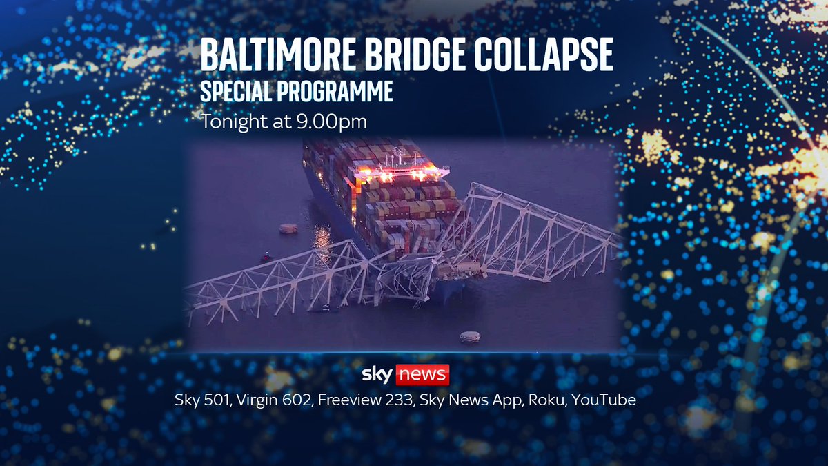 Tonight at 9pm, @SkyYaldaHakim presents a special programme on the Baltimore bridge collapse Upwards of seven people are reported to be in the water of the Patapsco River after a cargo ship hit the Francis Scott Key Bridge 🕘 21:00 📱 trib.al/tcVfdkN 📺 Sky 501