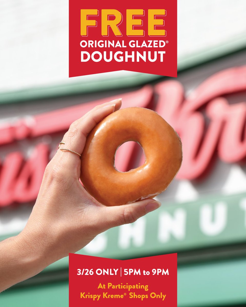 We’re lovin’ our sweetest new partnership with @McDonalds, rolling out later this year thru 2026! Of course, we must celebrate with you! 🍔 🍩 🚨 Today, 3/26, walk into a participating U.S. Krispy Kreme shop from 5pm to 9pm and get a FREE Original Glazed® Doughnut on us. 🚨