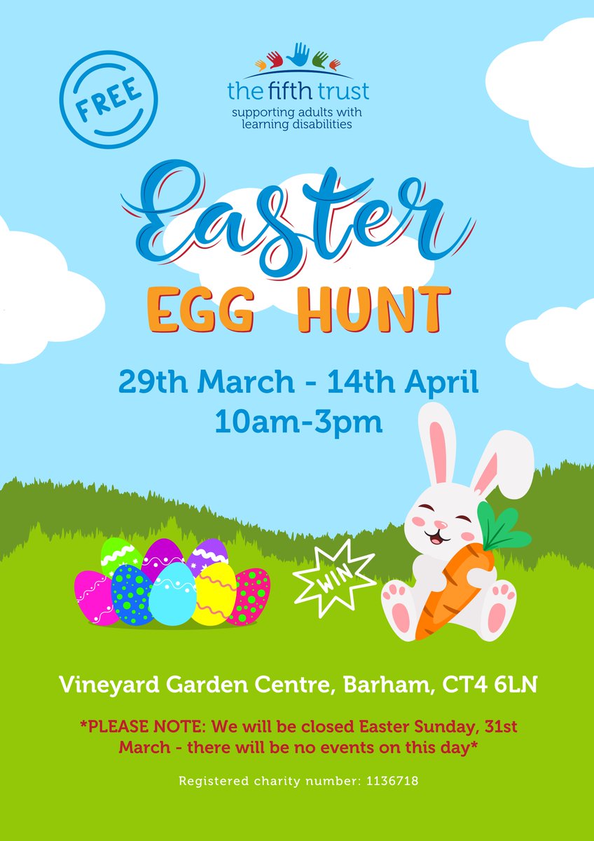 Our FREE #Easter egg starts THIS FRIDAY until 14 April (excluding Easter Sunday). 🐣 Simply show up between 10am-3pm, grab a work booklet, and hop around the garden centre to find all the hidden eggs. Crack the code and #win some great prizes! See: vineyardgardencentre.co.uk/events