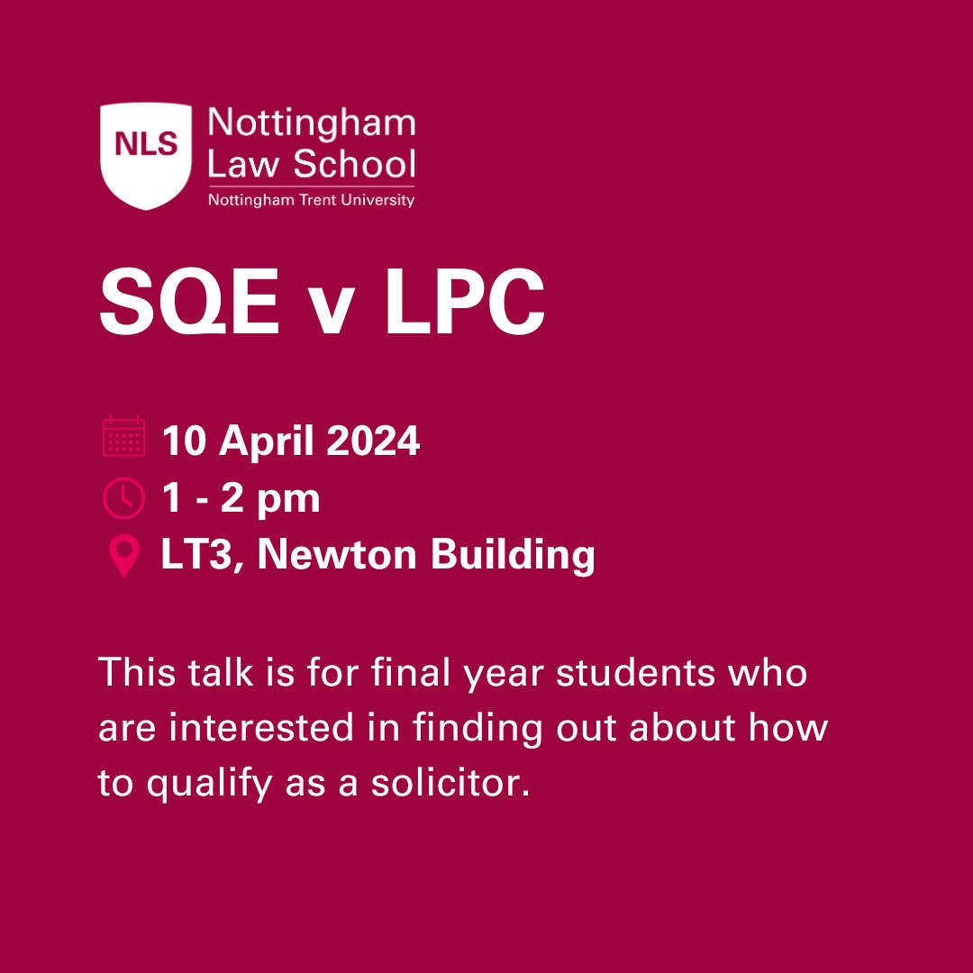 Are you interested in qualifying as a solicitor? Are you wondering what the differences are between the SQE & the LPC?🤔 Final year students are invited to join us for a talk to explain those differences, no need to book! 📅 Wednesday 10 April ⏰ 1 - 2pm 📍 LT3, Newton Building