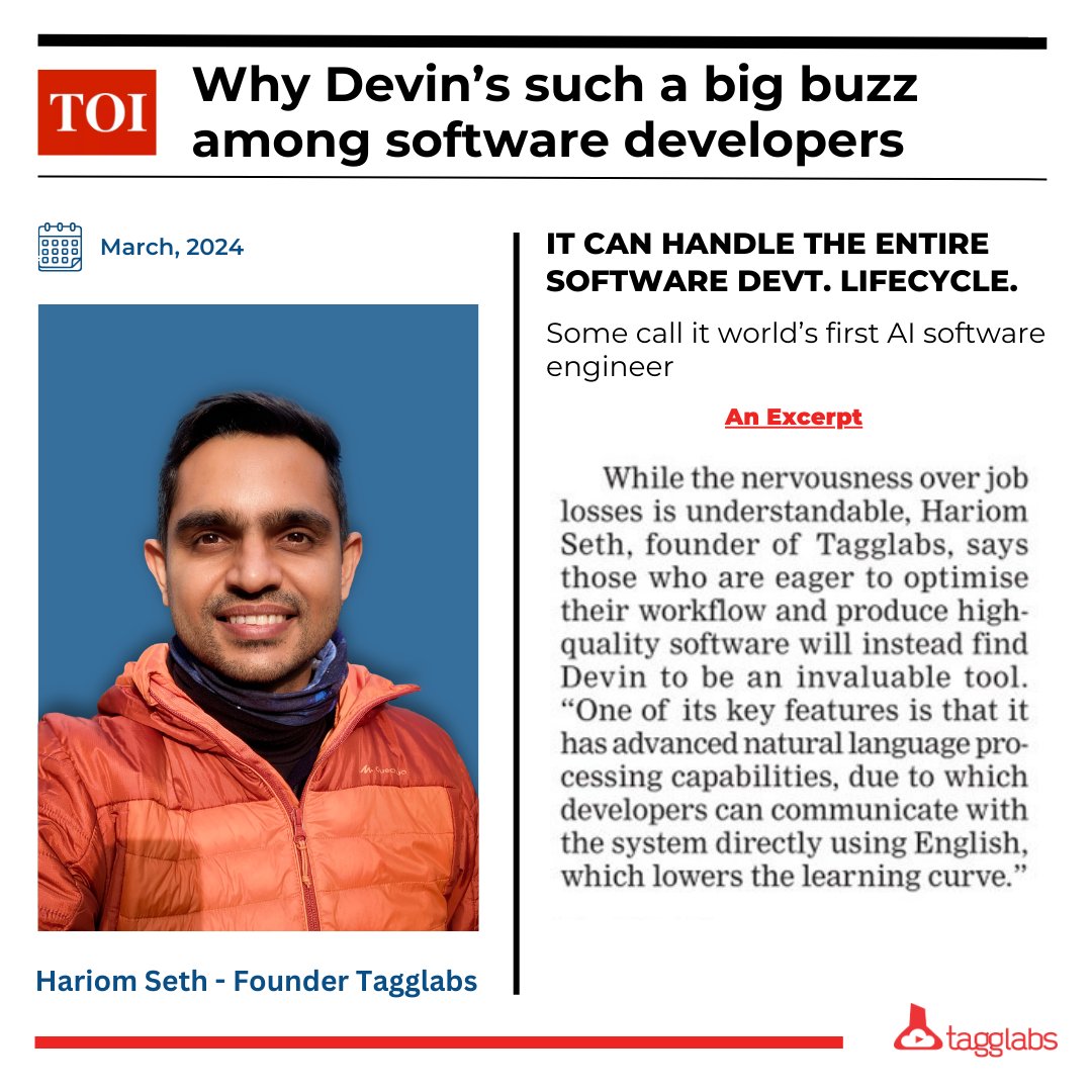 TaggLabs's tweet image. Our boss @HariomSeth shares his insights on #Devin: The new AI software engineer transforming workflow efficiency and elevating software standards.
#devinai #aisoftwareengineer #techtrends #TechMagic #hariomseth