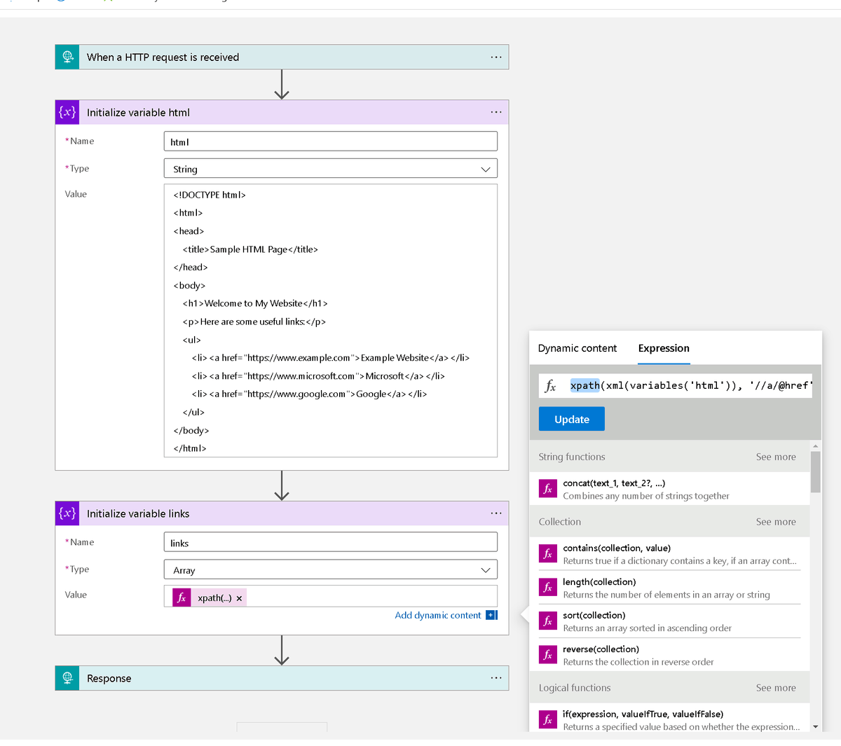 xpath not working @AzureSupport Error InvalidTemplate. Unable to process template language expressions in action 'Initialize_variable_links' inputs at line '0' and column '0': 'The template language function 'xpath' failed to parse the provided XML.'. chat.openai.com/share/a458df7c…