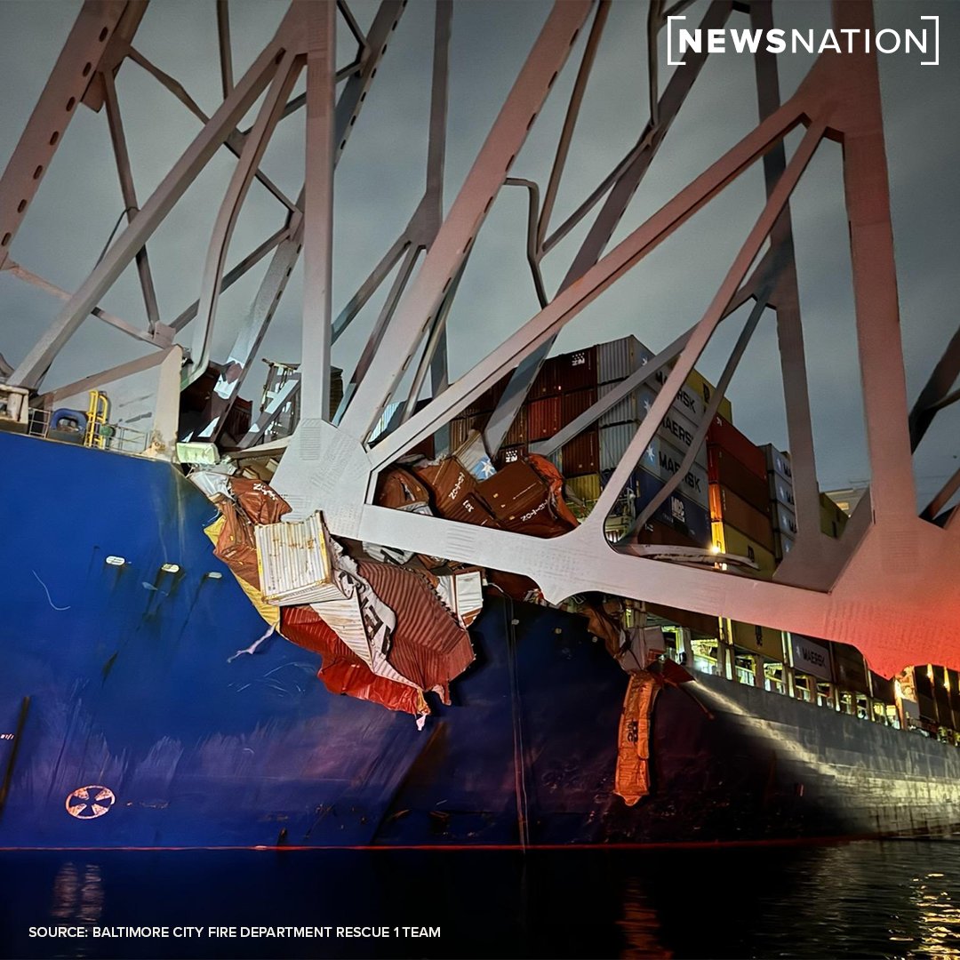 NewsNation's tweet photo. Baltimore fire officials released photos of the Francis Scott Key Bridge collapse upon arriving at the scene early Tuesday. Officials say they are searching for at least seven people after the bridge was struck by a cargo ship.

More: https://t.co/0VISPDd32G https://t.co/OvdiSRqFjb