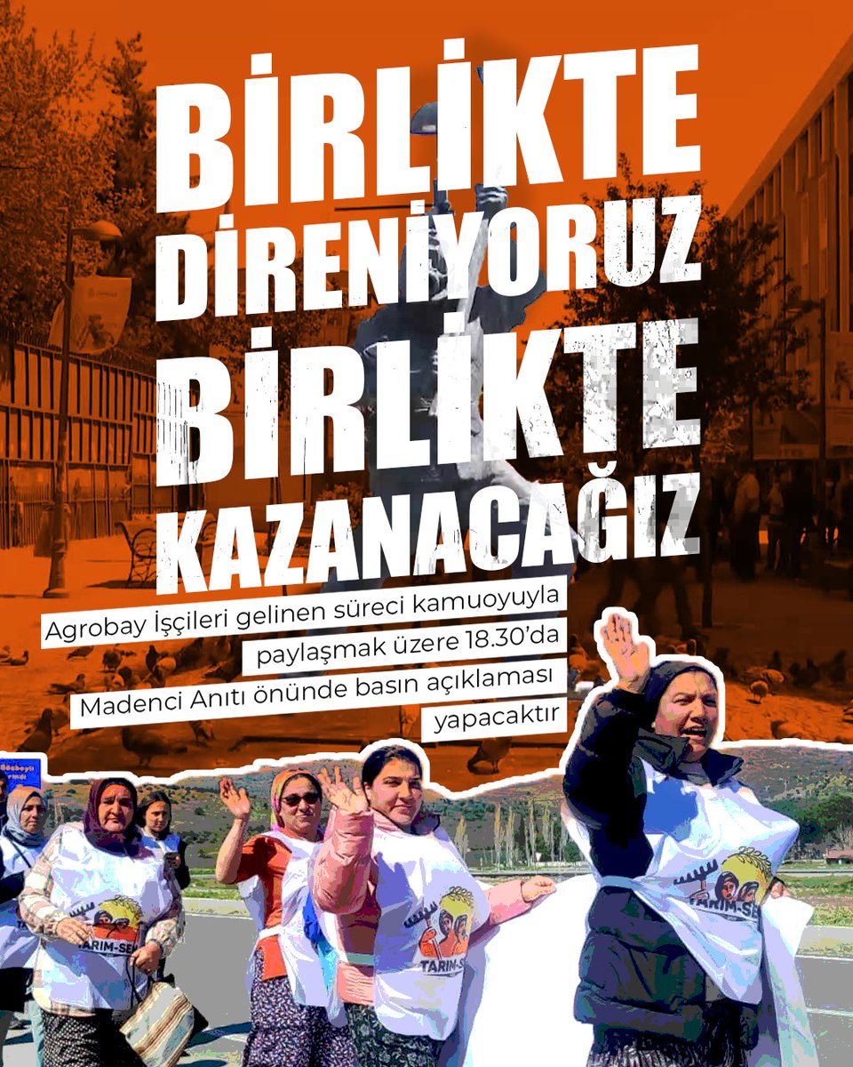 Agrobay işçileri Dikili'den Ankara'ya taşıdığı mücadelelerinde tüm emek dostlarına basın açıklamasına çağrıda bulunuyor. Bu akşam saat 18.30'da Madenci Anıtı'na! Tarım işçisi kadınlara ses ol, omuz ver, dayanışmayı yükselt! #AgrobayİşçileriAnkarada
