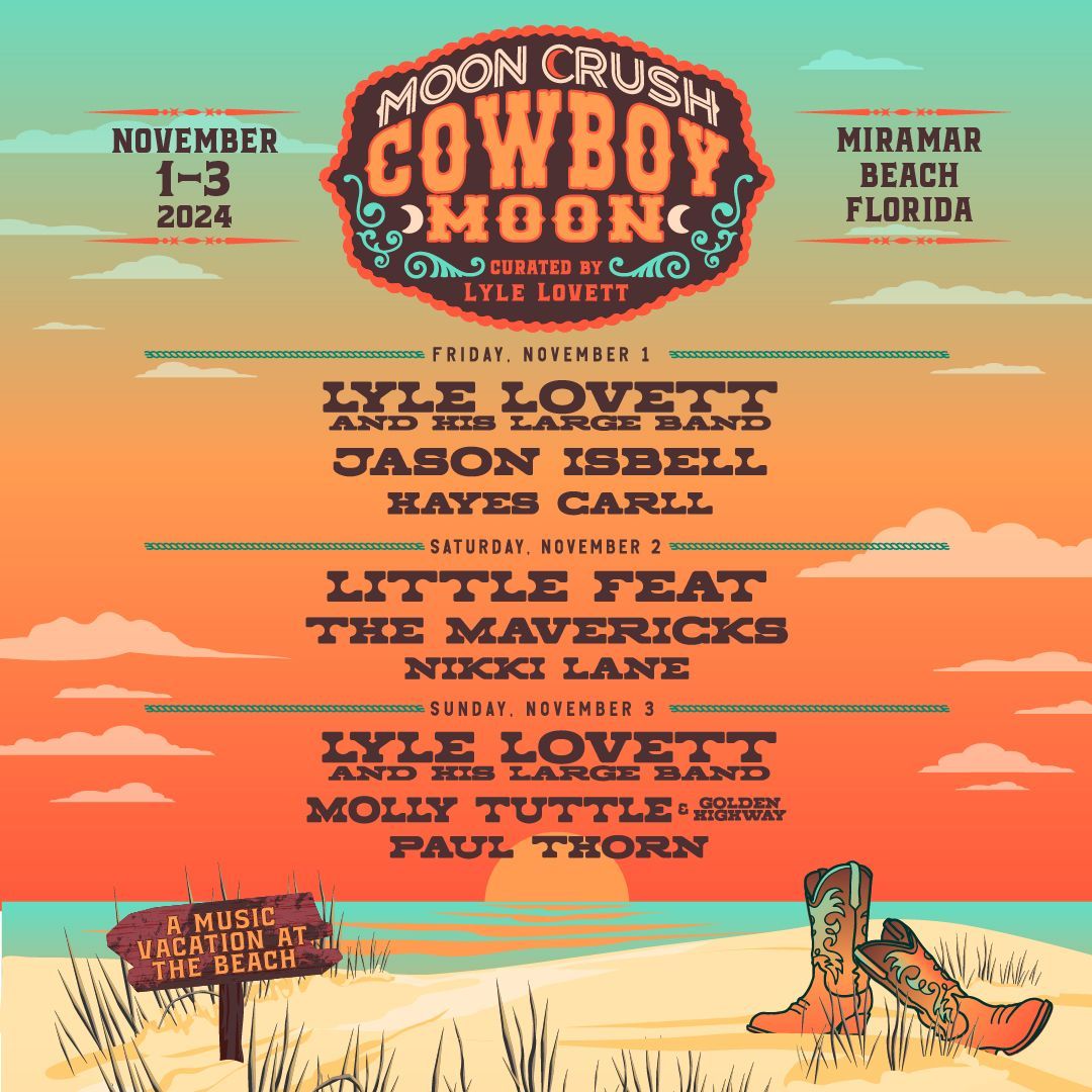 Escape to the beach for Moon Crush Cowboy Moon! Join Paul Thorn, Lyle Lovett, Jason Isbell, Little Feat, Molly Tuttle, The Mavericks and more for an unforgettable music vacation November 1-3, 2024 in Miramar Beach, FL! Click NOW to join the presale. buff.ly/3vq3J2K