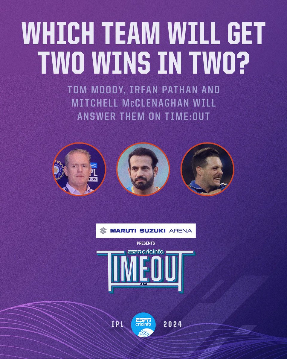 cricinfo's tweet photo. GT or CSK: Which team will finish with two wins after today? 🤔

Ask @TomMoodyCricket, @Mitch_Savage and @IrfanPathan your questions now on #T20Timeout ✨ https://t.co/RBt1YuVdNw #CSKvGT #IPL2024 https://t.co/faGmccN19m
