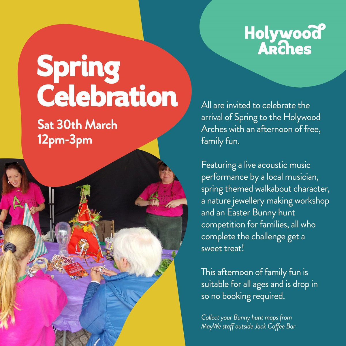 🌸SPRING CELEBRATION 🌸 Join Holywood Arches Business Association this Saturday for an afternoon of free family fun from 12pm to 3pm. There’ll be music, jewellery making, walkabout characters and an Easter Bunny Hunt 🐣