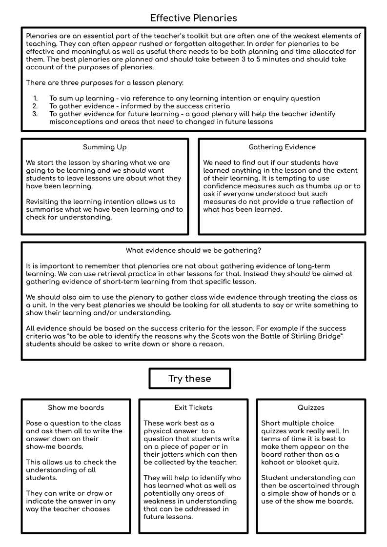 Something I have definitely let go is the plenary. Having had a good read of <a href="/Bruce_NextLevel/">5⭐️ Schools</a>'s book Power Up Your Pedagogy I've come up with this one pager to help explain the why, the what and the how of effective plenaries