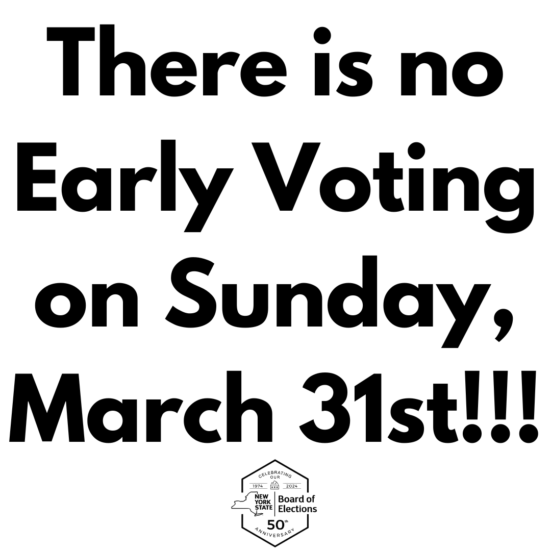 We at the NYSBOE wish to remind everyone a third and final time that there is no Early Voting tomorrow. If for some reason you ignored our previous two posts, perhaps the addition of a third exclamation point will illustrate just how important this information is. Thank you. 😊