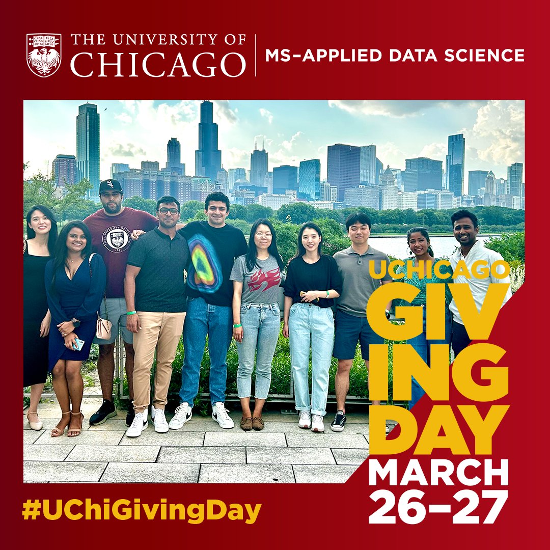 DSI_UChicago's tweet image. Over the past decade, UChicago’s Master’s in Applied Data Science program has graduated 1.3k+ students & sponsored 350+ capstone projects. Join us on Giving Day as we challenge ourselves to raise $10k for 10 years, supporting scholarships. Every dollar counts! #AppliedDataScience