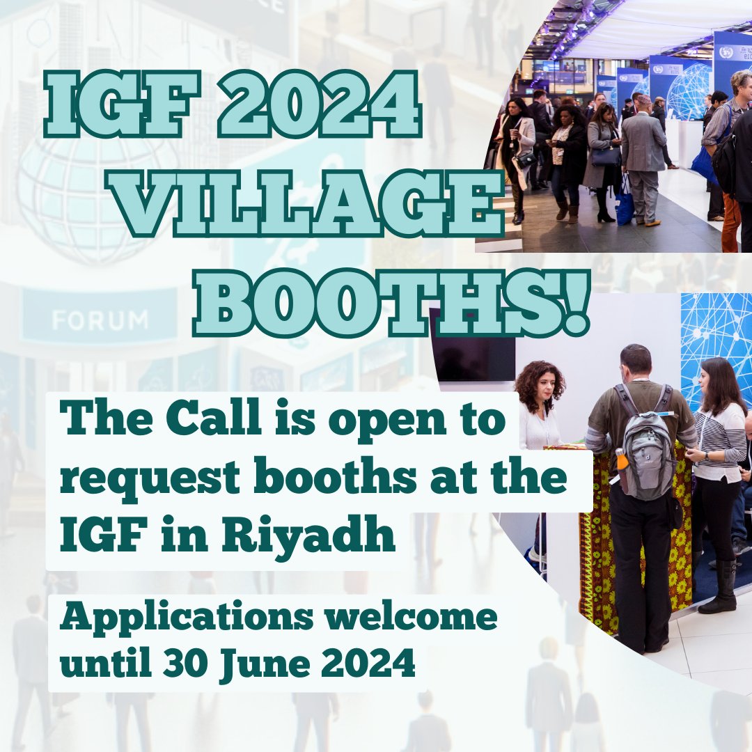 Be a part of the IGF Village in 2024! Applications are open for exhibition booths at the IGF in Riyadh.  

Submit booth requests until the deadline - 30 June 2024. Requests are on a first-come, first-served basis 

bit.ly/3TVdMGA 

#IGF2024 #MultistakeholderDigitalFuture