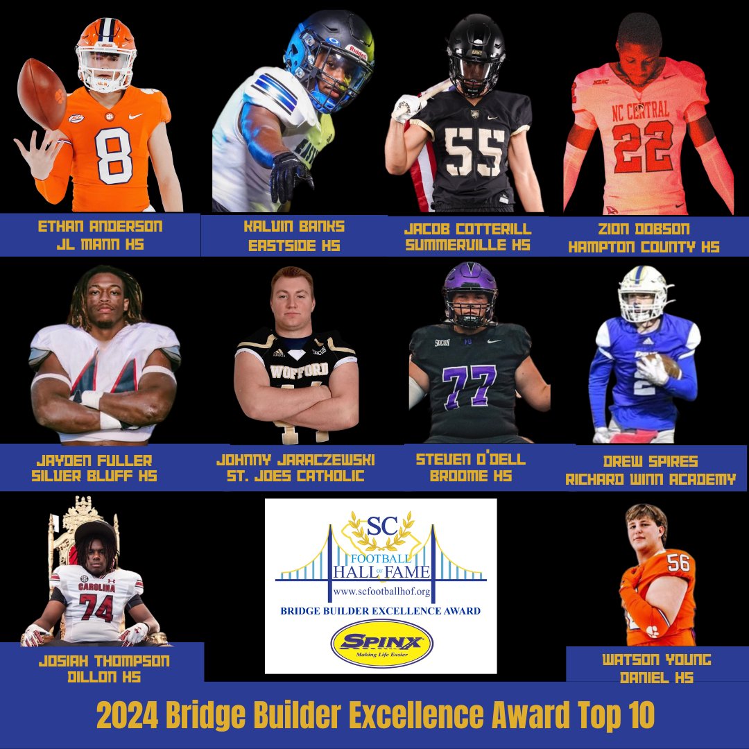 Bridge Builder Excellence Community (@scbridgebuilder) on Twitter photo Congratulations to the <a href="/SCFootballHOF/">SCFootballHOF</a> 2024 Bridge Builder Excellence Award Top 10 Semi- Finalists! #BBEA24 #SCTop10N2030 #beabridgebuilder #Excellence <a href="/TheSpinxCompany/">thespinxcompany</a> <a href="/wyattsports/">David S. Wyatt</a> <a href="/MicheleWolfert/">Michele McGee Wolfert</a> <a href="/Foster_Football/">Michael S. Foster</a>
Info: scfootballhof.org/about-us/bridg… Congratulations to the <a href="/SCFootballHOF/">SCFootballHOF</a> 2024 Bridge Builder Excellence Award Top 10 Semi- Finalists! #BBEA24 #SCTop10N2030 #beabridgebuilder #Excellence <a href="/TheSpinxCompany/">thespinxcompany</a> <a href="/wyattsports/">David S. Wyatt</a> <a href="/MicheleWolfert/">Michele McGee Wolfert</a> <a href="/Foster_Football/">Michael S. Foster</a>
Info: scfootballhof.org/about-us/bridg…