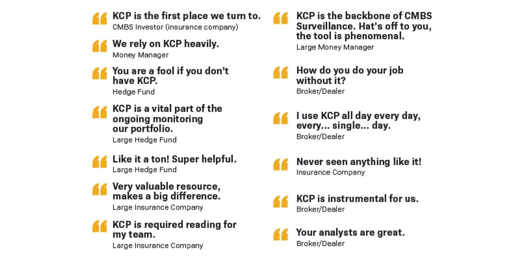 We are excited to announce that KCP content is now available on the Bloomberg Terminal.

For 10 years, #CMBS and CRE investors have relied on #KCP to provide objective, thoughtful, and comprehensive #creditanalysis. Each month, KCP's team of 40+ analysts publishes deal- and