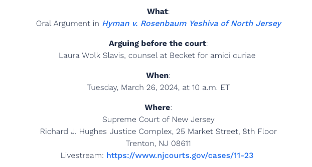 TODAY: Becket's Laura Wolk Slavis will argue at the New Jersey Supreme Court in support of an Orthodox Jewish school's freedom to choose who carries out its religious mission. Becket filed a brief on behalf of a group of Eastern Orthodox churches. More: becketlaw.org/media/sacred-s…