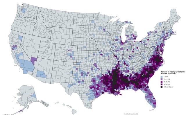 Percentage of black populations in the USA by counties