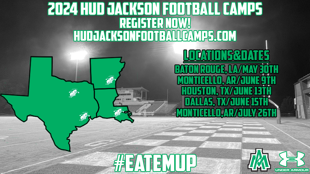 SCHEDULE CHANGE! Our last camp of the summer here in Monticello has been rescheduled for July 26th. Be sure to pre-register at hudjacksonfootballcamps.com as we search for future Boll Weevils. See you this summer! #EatEmUp