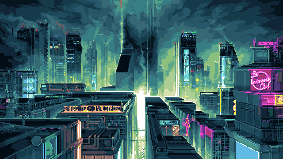 Background we've made for <a href="/CloudOwly/">CloudOwl Creative</a>'s upcoming #cyberpunk game called Holloway 🕵️‍♀️ We can't wait to share more!

Amazing artwork by one of our artists, <a href="/GrimmNail/">grimmnail</a> 💙

#pixelart #ドット絵 #indiegames
