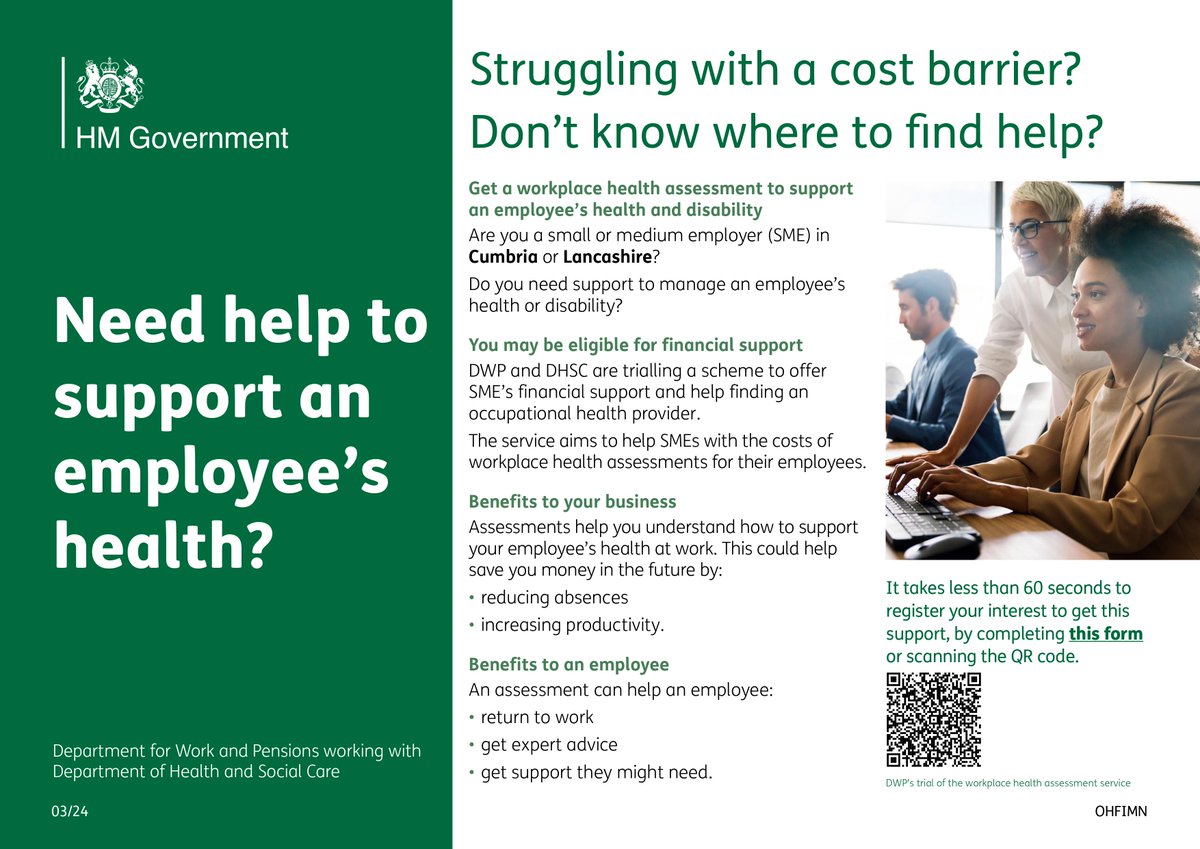 Are you an SME in Lancashire? Do you need support to manage an employee's health or disability? You may be eligible for financial support. It takes less than 60 seconds to register your interest to get support; head to forms.office.com/Pages/Response… today