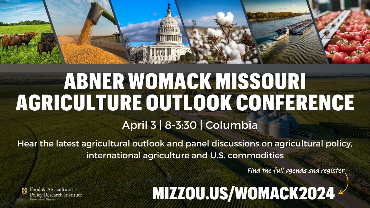 One week until the annual Womack Outlook conference!

Join FAPRI on our 40th anniversary as we discuss #agmarkets, #agpolicy + international agriculture topics. Former Sen. Roy Blunt will offer a keynote address during the conference.

Register now: mizzou.us/womack2024