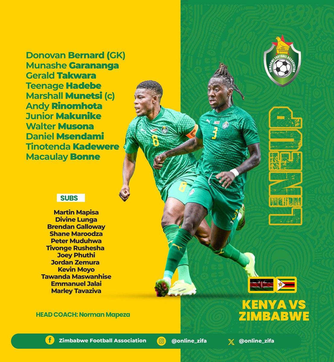 🇿🇼 Warriors Starting XI vs Kenya 🇰🇪 Just one change from the team that beat Zambia - Junior Makunike comes in for Jordan Zemura. #Zimbabwe #Kenya #bayawabaya #4NationsTournament #Zimfootball