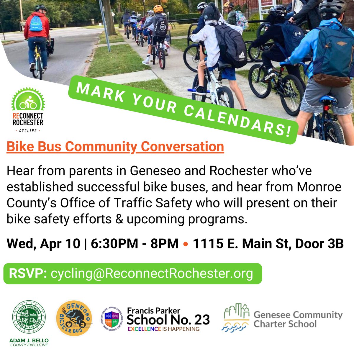 Interested in leading a #BikeBus at your kid's school? Join Reconnect and local advocates for a community conversation on how you can start a safe and successful Bike Bus program🚲!