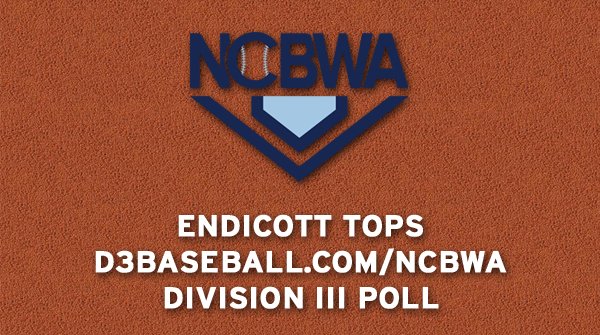 The latest <a href="/d3baseball/">D3baseball</a> NCBWA Division III Poll is out. Here's the Top 5:

1. <a href="/EndicottBASE/">Endicott Baseball</a> (12-1)
2. <a href="/BWUBaseball/">BW Baseball</a> (15-3)
3. <a href="/SUHornetsBB/">SU Baseball</a> (16-3)
4. <a href="/DU_Baseball/">Denison Baseball</a> (15-2)
5. <a href="/SalisburyBB/">Salisbury Baseball</a> (16-4)

Complete poll: ncbwa.com/a/3176eb05