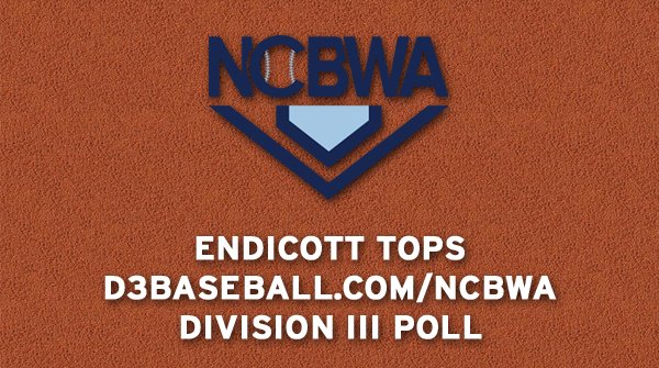 The latest @d3baseball NCBWA Division III Poll is out. Here's the Top 5: 1. @EndicottBASE (12-1) 2. @BWUBaseball (15-3) 3. @SUHornetsBB (16-3) 4. @DU_Baseball (15-2) 5. @SalisburyBB (16-4) Complete poll: ncbwa.com/a/3176eb05