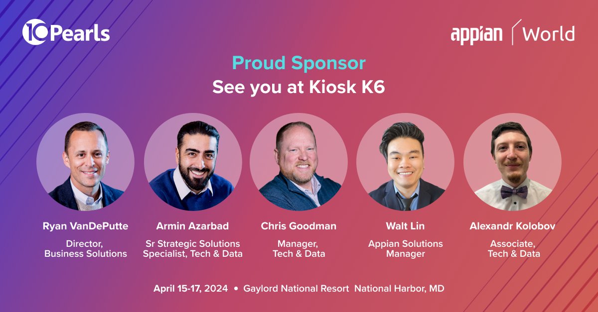 Stop by @10Pearls Ksiok K6 at #AppianWorld! We're excited to connect with you to better understand your business process and explore how we can maximize the value of your @Appian investment. Learn more about our Appian offerings - 10pearls.com/appian-world-e…