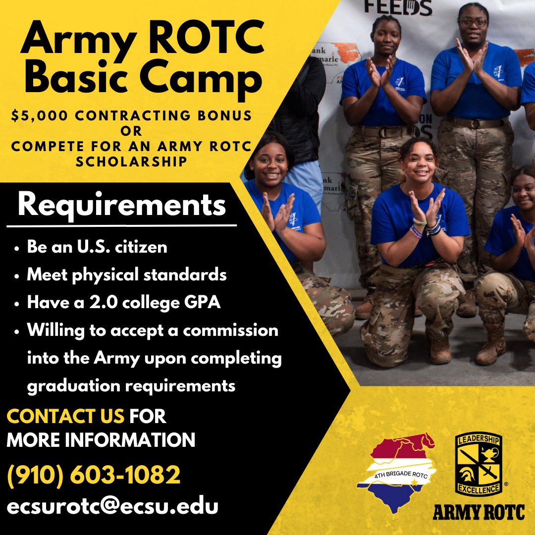 Unlock your potential and serve your country while earning $5,000! Join the U.S. Army ROTC Basic Camp today and embark on a transformative journey towards leadership and excellence.
#BeAllYouCanBe #ECSU #VikingBattalion