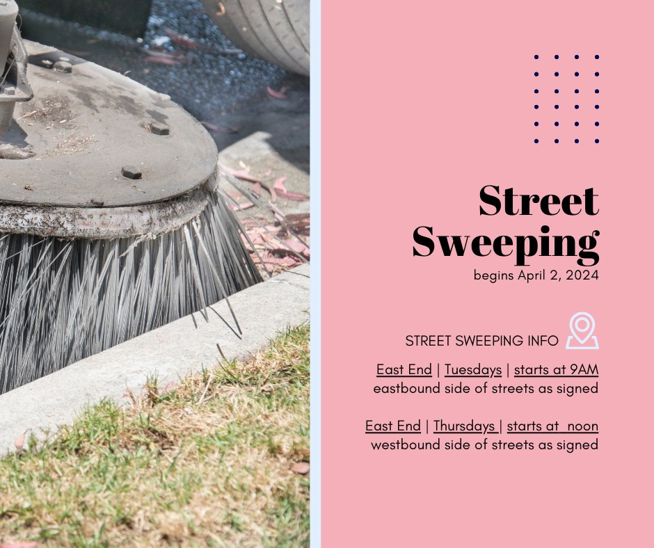 📣 Street sweeping will begin APR 2. ➡️ 9A on Tuesdays (eastbound side of street as signed) ➡️Noon on Thursdays (westbound side of street as signed) Citizens are encouraged to heed all posted signs--vehicles could be subject to ticketing and/or towing at the owner's expense.