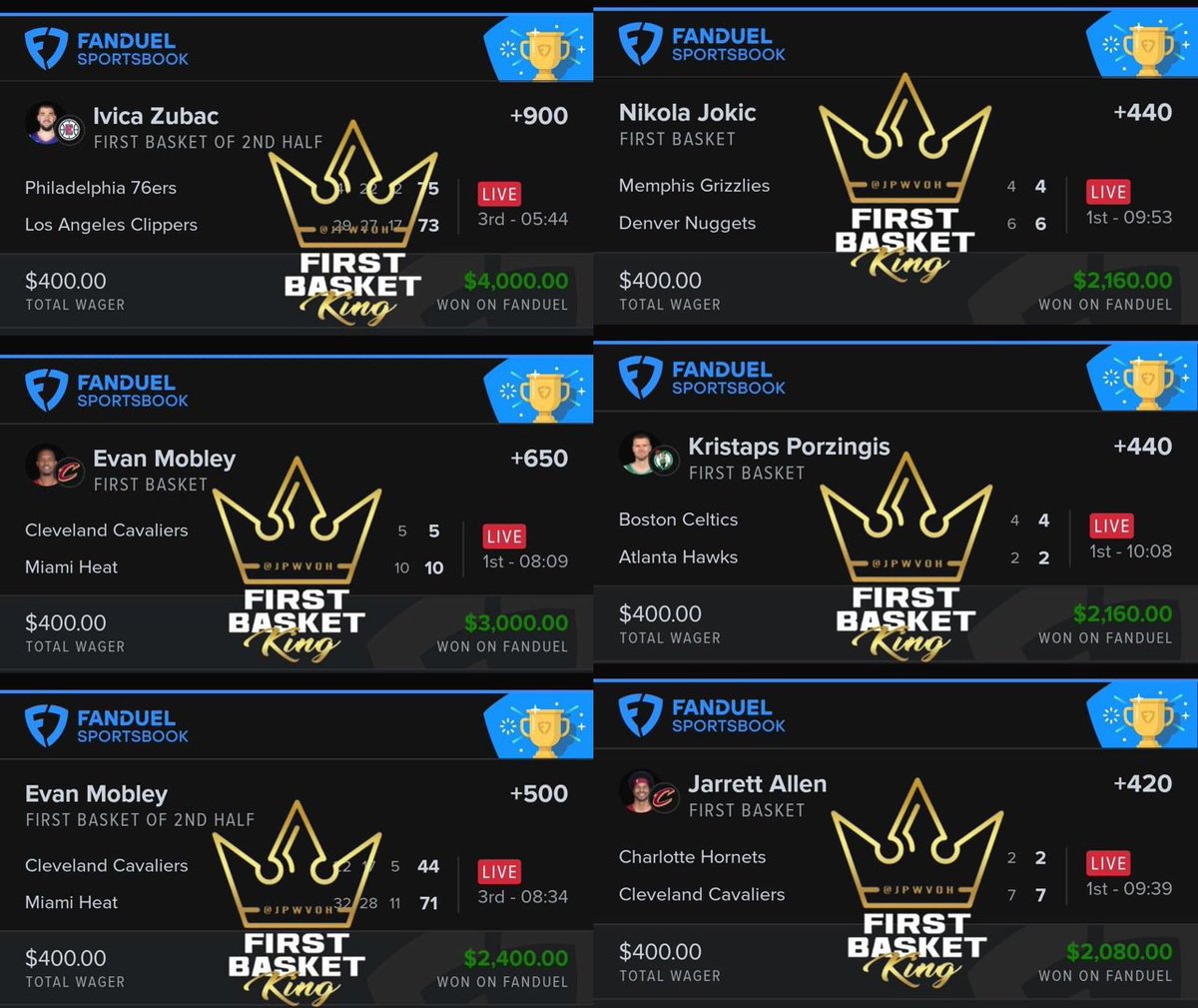 BTBSupport's tweet image. Over $40,000 won in the last 2 days by the (@JPWVOH) #FirstBasketKing👑

+420✅
+440✅
+440✅
+500✅
+500✅
+650✅
+650✅
+850✅
+900✅
+1000✅
+1000✅
+1300✅
+1520✅

Whop.Com/beat-the-books 🚀🚀🚀