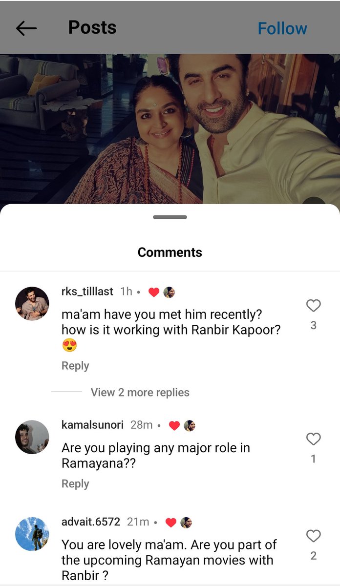 Most probably Indira Krishnan is going to portray Maa Kausalya for #Ramayana. Her latest Instagram post and likes indicate so..An ardent Ram Bhakt Indiraji will be a great addition to the cast.
#RanbirKapoor