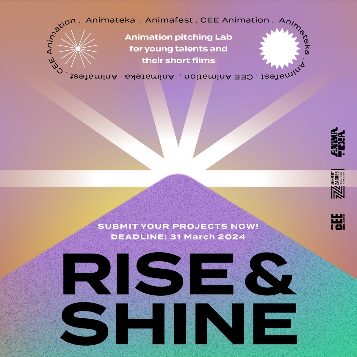 Animafest Zagreb (@animafest_zg) on Twitter photo Deadline approaching: 31 March 2024
--------------------
The Call for submissions for the third edition of ๐๐ข๐ฌ๐ & ๐๐ก๐ข๐ง๐, the animation development & pitching Lab for young talents and their short films is opened until next week !
Read more: ceeanimation.eu/rise-and-shineโฆ Deadline approaching: 31 March 2024
--------------------
The Call for submissions for the third edition of ๐๐ข๐ฌ๐ & ๐๐ก๐ข๐ง๐, the animation development & pitching Lab for young talents and their short films is opened until next week !
Read more: ceeanimation.eu/rise-and-shineโฆ
