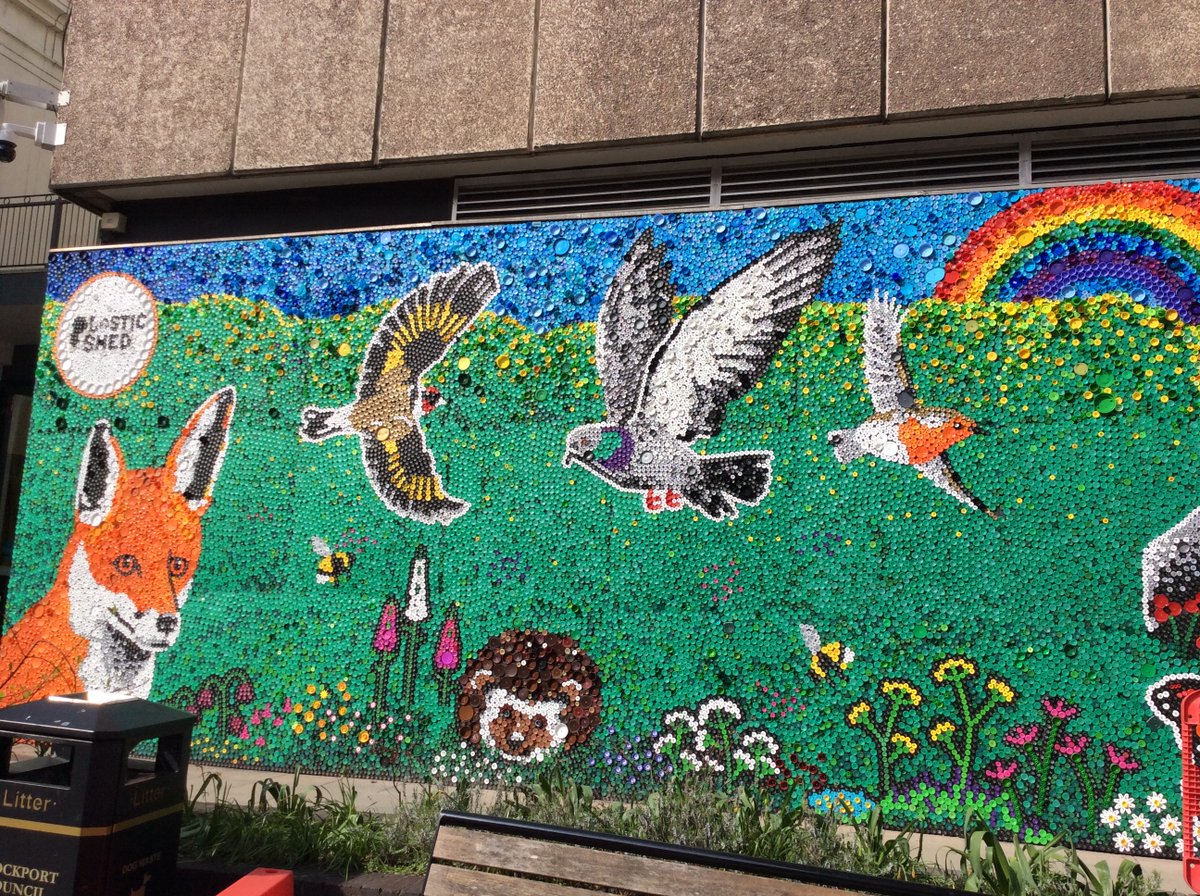 StJosephsSK1's tweet image. The Eco council had a walk to the new mural in Stockport town centre today - all made from plastic tops
#recyclingrocks