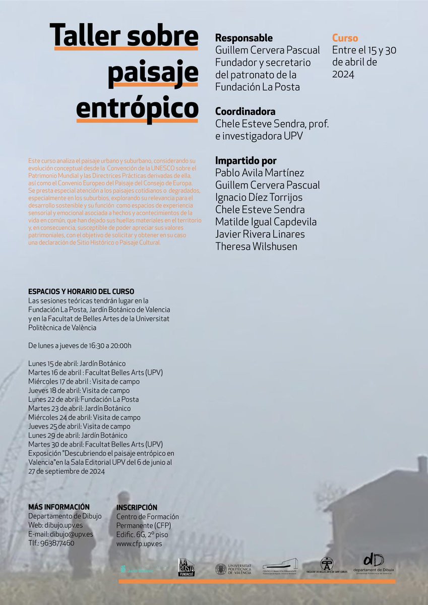 LaPosta_Found's tweet photo. TALLER SOBRE PAISAJE ENTRÓPICO
2ª edición
Se abre el plazo de inscripción

Esta 2ª edición es dentro de la oferta del Centro de Formación Permanente CFP-UPV

Del 15 al 30 de abril de 2024

Toda la información sobre el Taller aquí
https://t.co/JjjJqfaMUu https://t.co/2RP68aKmib