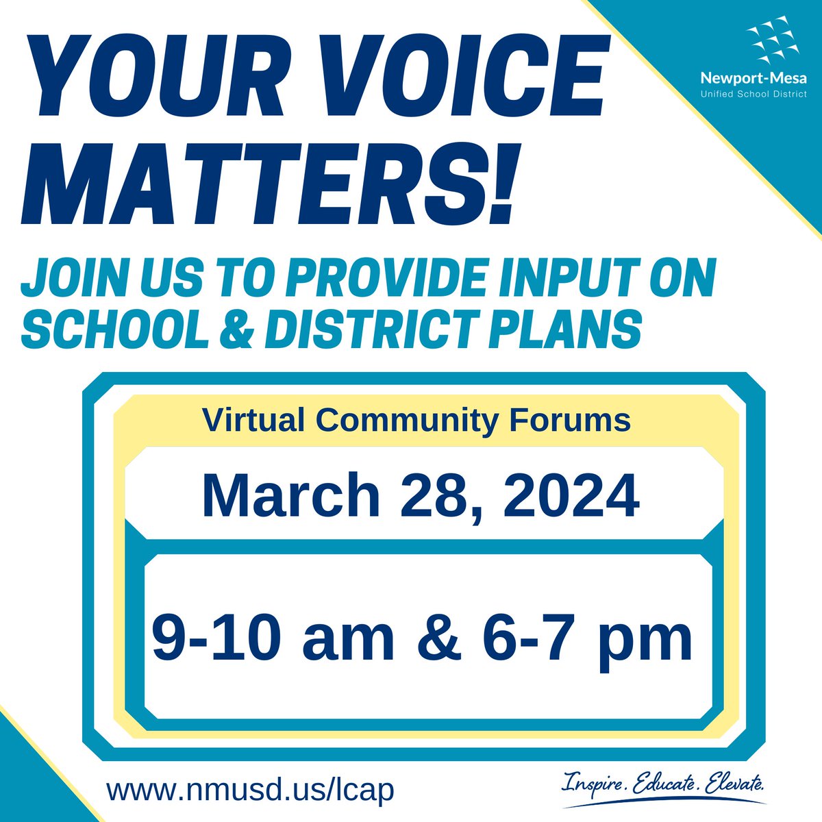 Join us to provide input on our district and school plans related to Mental Health, Wellness & Student Engagement, Academic Success, Conditions of Learning, Family & Community Engagement. Registration required: bit.ly/4c3laqg #NMUSD #InspireEducateElevate