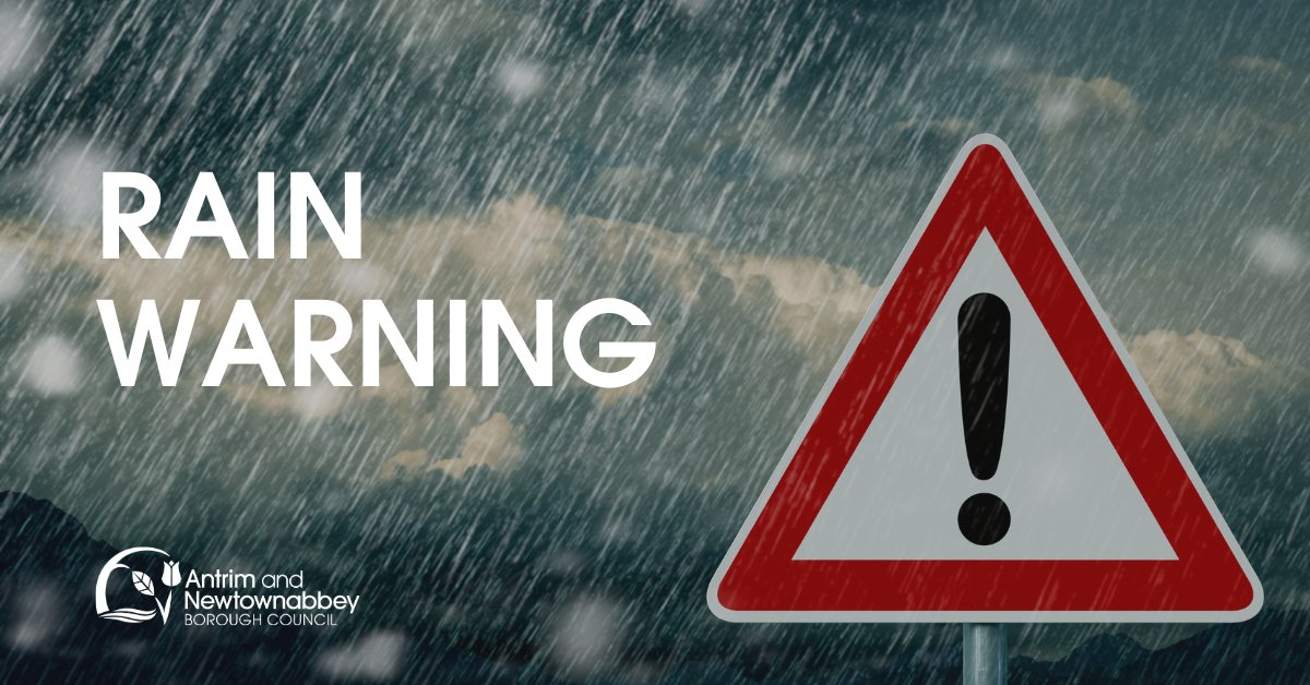 The Met Office has issued a Yellow Weather Warning for RAIN from 6pm today, Tuesday 26 March to 6am tomorrow, Wednesday 27 March ☔️ For more information and advice visit antrimandnewtownabbey.gov.uk/extremeweather