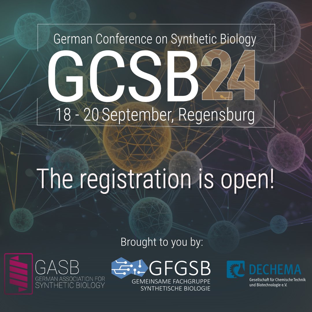 The 'German Conference on Synthetic Biology #GCSB2024' will take place in Regensburg from 18-20 September. We would like to invite you to join us: gcsb2024.de You still can submit an abstract by 31 March 2024: dechema.converia.de/frontend/index…